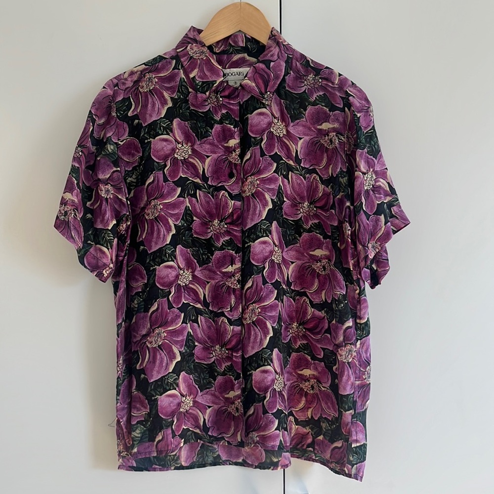 Vintage Silk Short Sleeve Blouse with Flowers